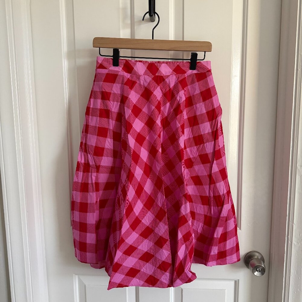 Scoop Poplin Wavy Checked Pattern Pink Midi Skirt, Size Small